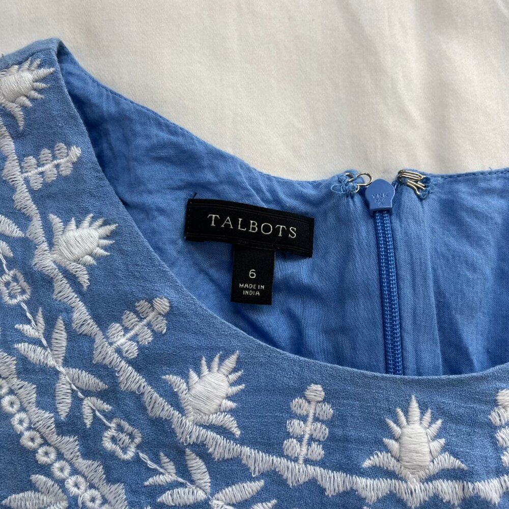 Talbots Light Blue White Embroidered Midi Sleeveless Pencil Dress | Size 6 - Picture 5 of 6